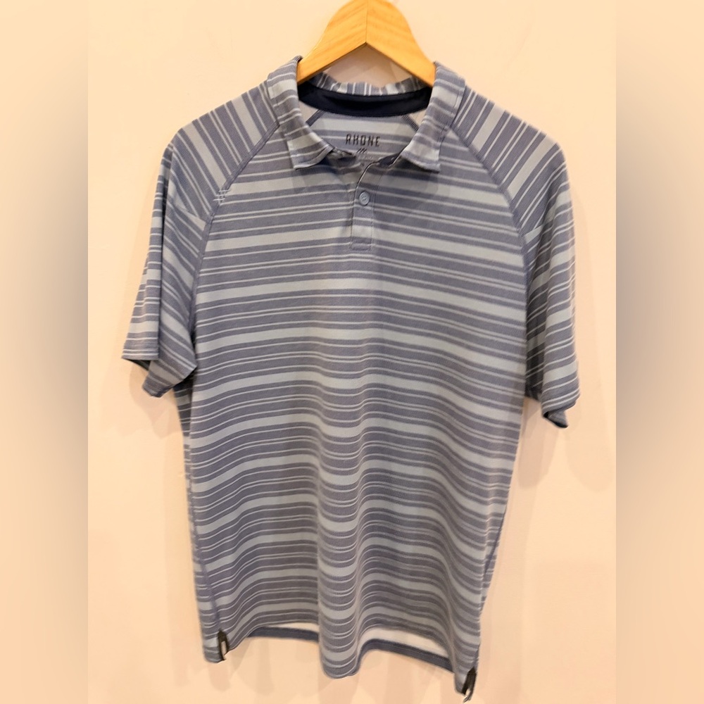 Rhone Men’s Short Sleeve Polo Shirt Blue Striped Performance Golf Size‎ L